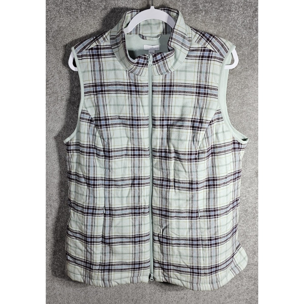 J Jill Flannel Vest Jacket Womens Size XL Mint Green‎ Plaid Pockets Fleece Lined
